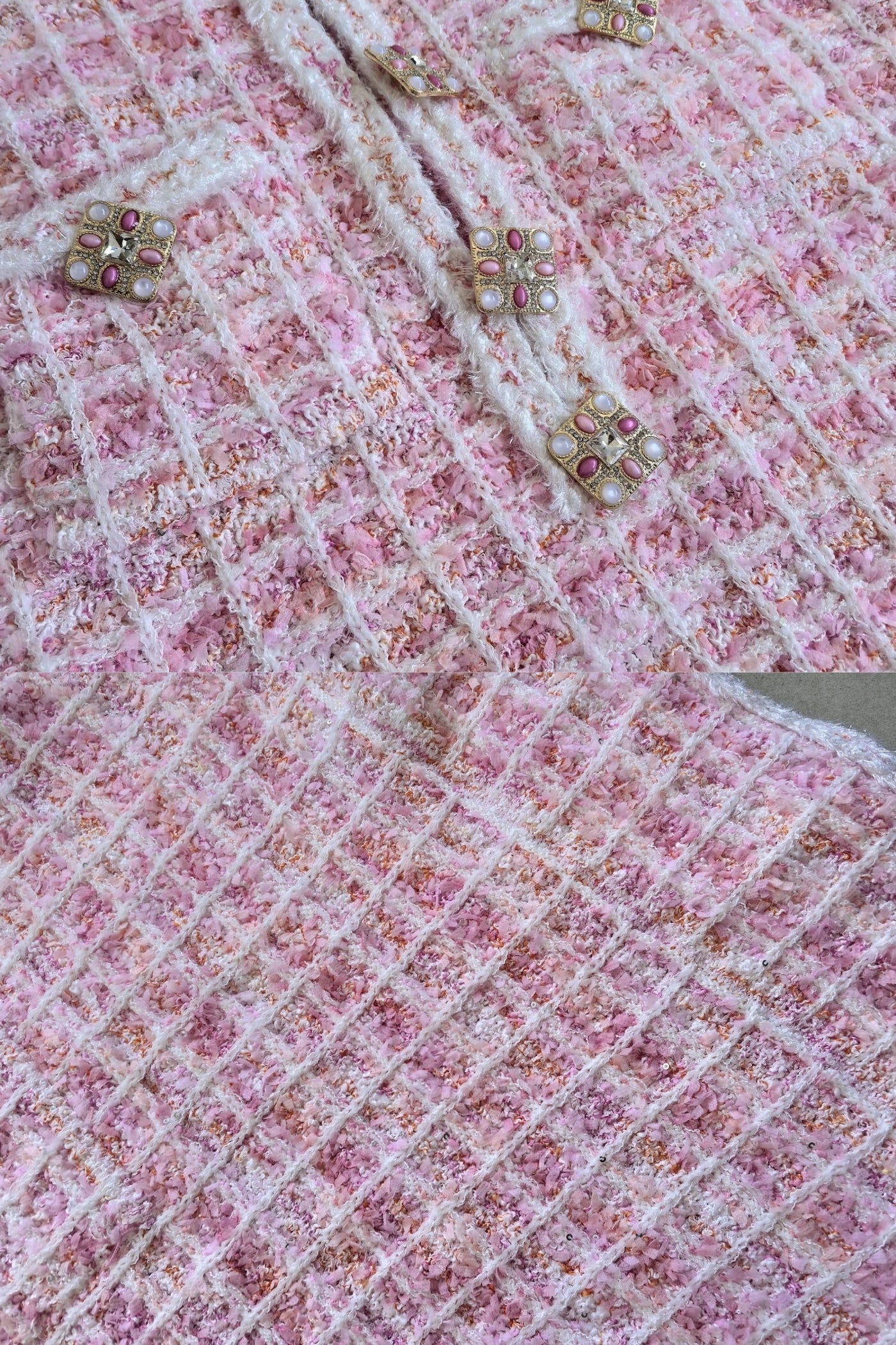 Tweed Mini Dress with Jewel Buttons - Pink