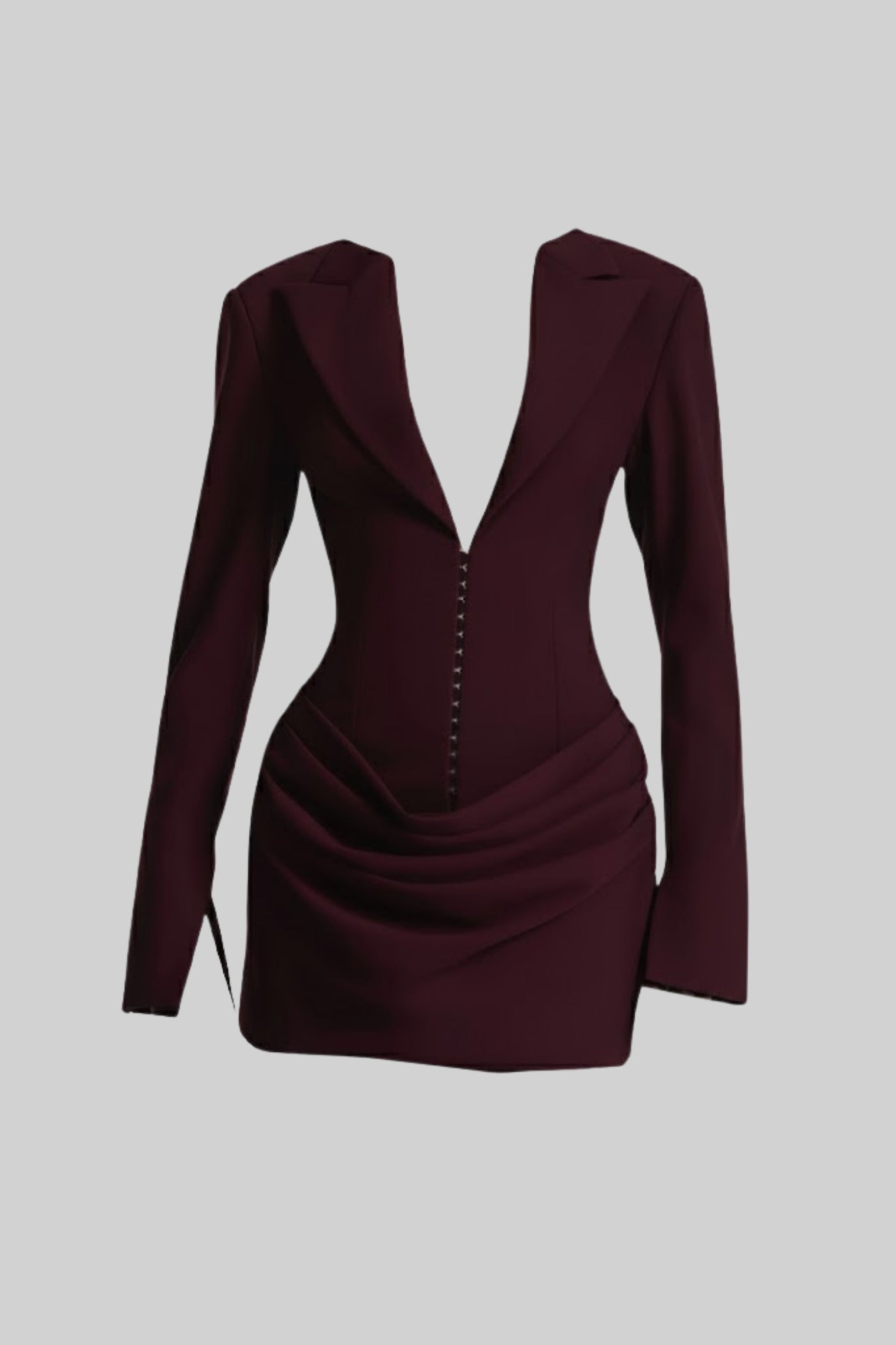 Draped Blazer Mini Dress With Deep Neckline – Dark Burgundy