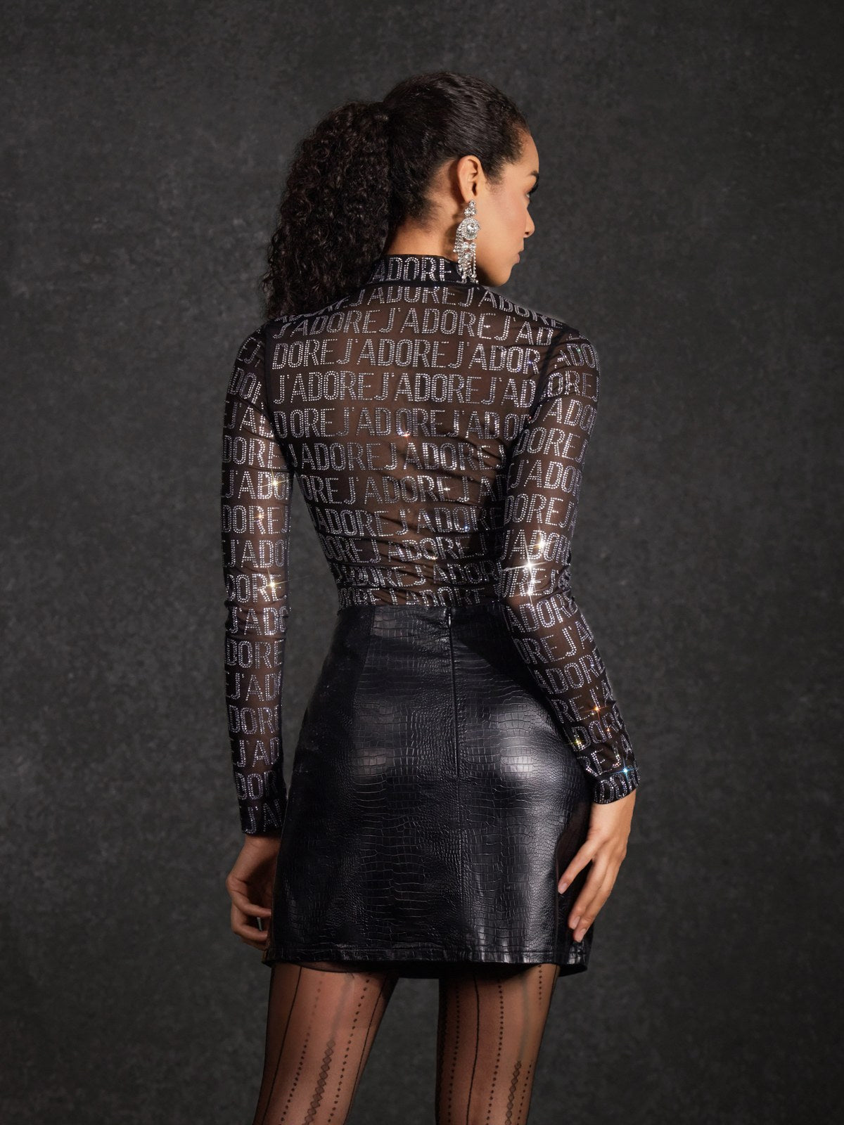 Behitha Long Sleeve Rhinestone Mesh Top