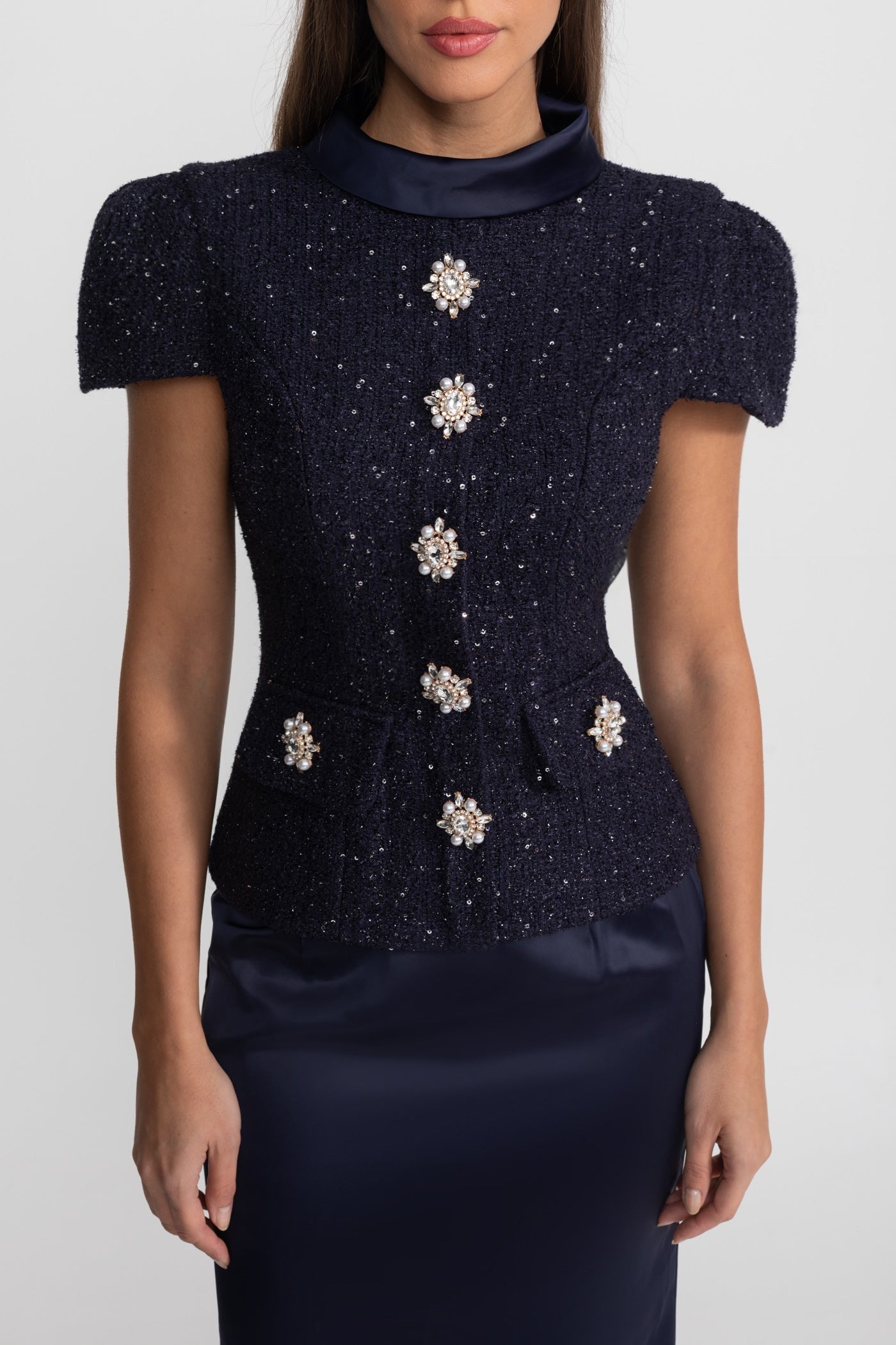 Co-Ord Set with Tweed Embellished Top and Satin Maxi Skirt - Navy