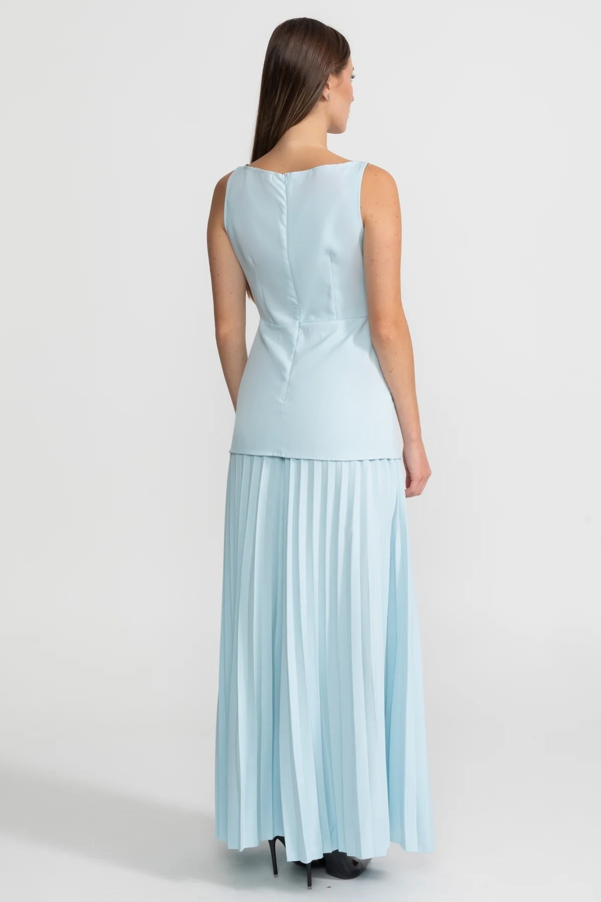 Sleeveless Maxi Co-Ord With Tailored Bodice And Pleated Skirt - Blue