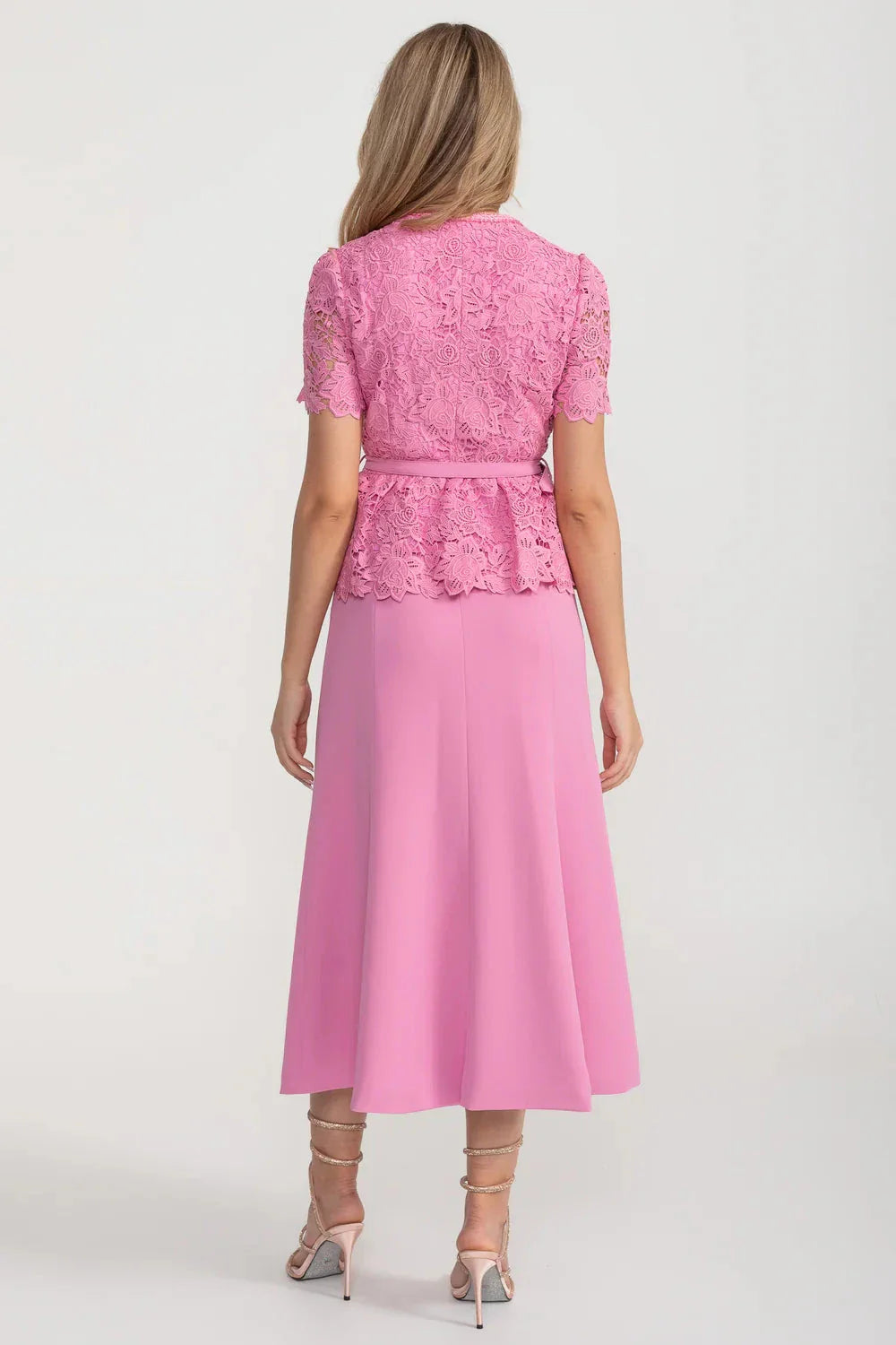 Elegant Dress With Lace Top, Matching Belt And Coordinated Skirt - Pink