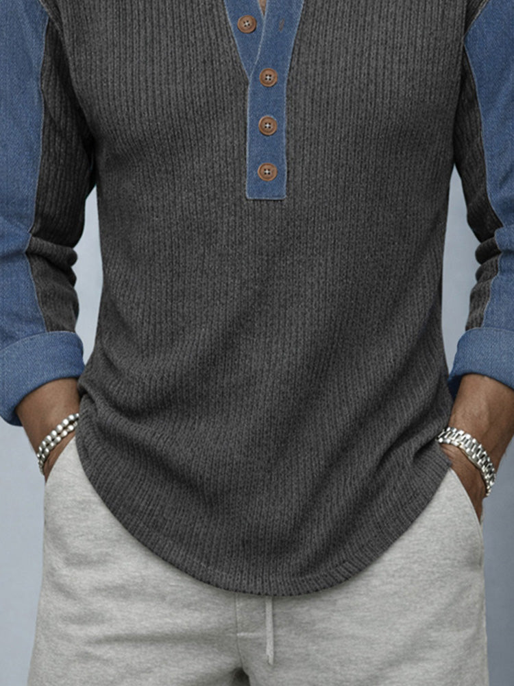 Casual Denim Patchwork Contrast Knit Shirt