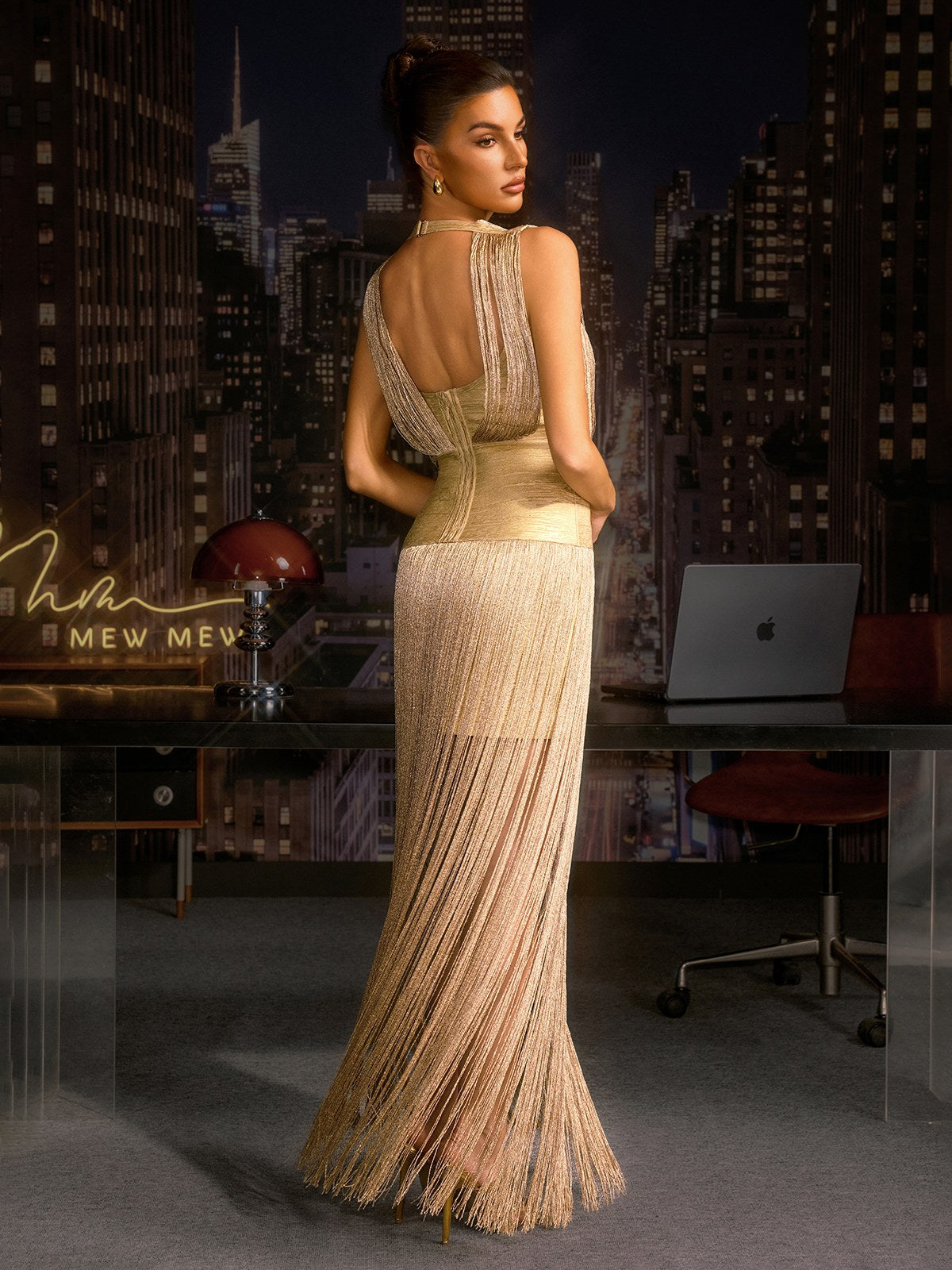 Zavelyn Fringe Bandage Maxi Dress In Gold