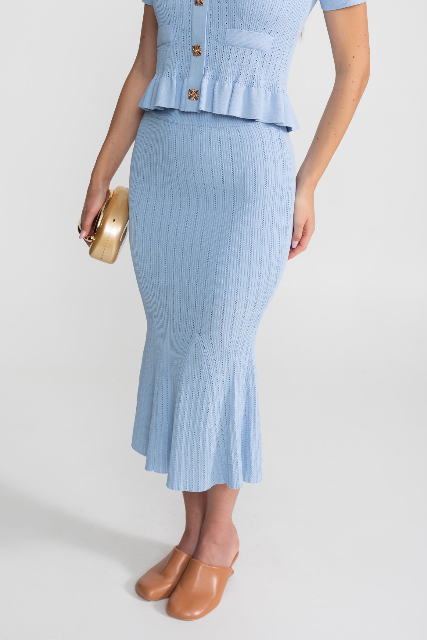 Knit Midi Co-Ord with Peplum Waist and Gold Buttons – Baby Blue