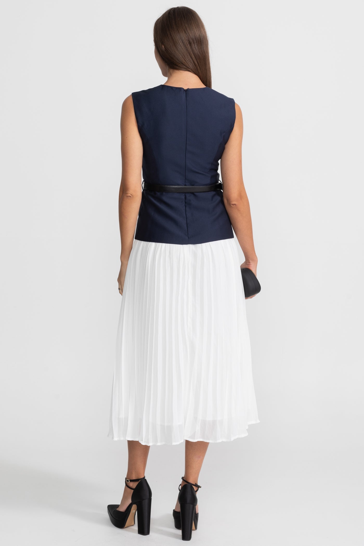Sleeveless Midi Dress with Belted Waist and Contrast Skirt - Navy