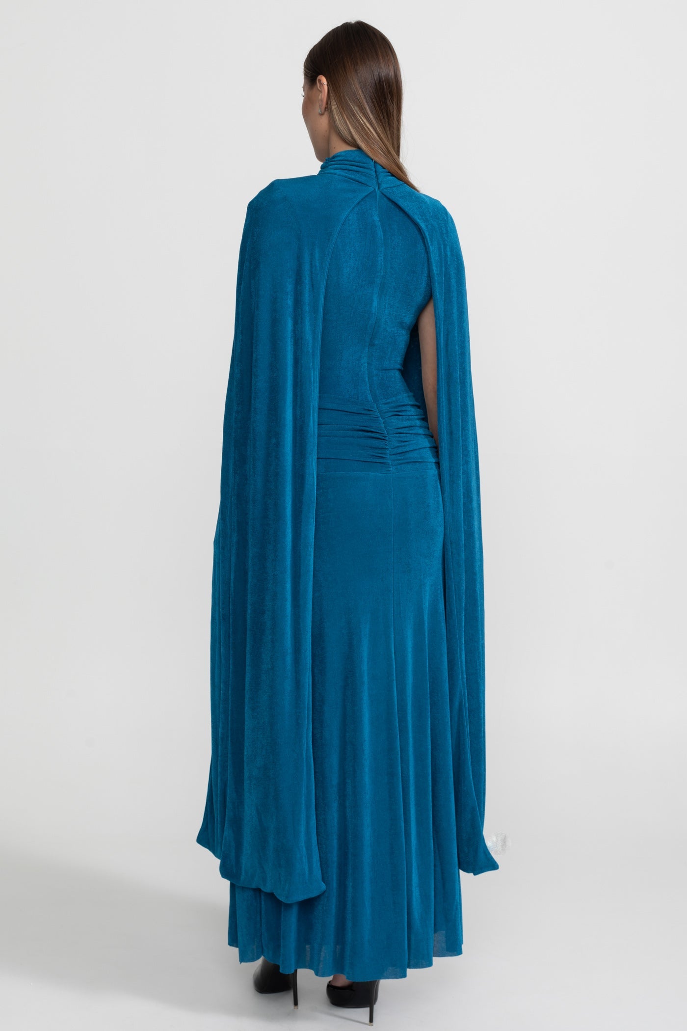 Elegant Cape Gown With High Neckline – Teal