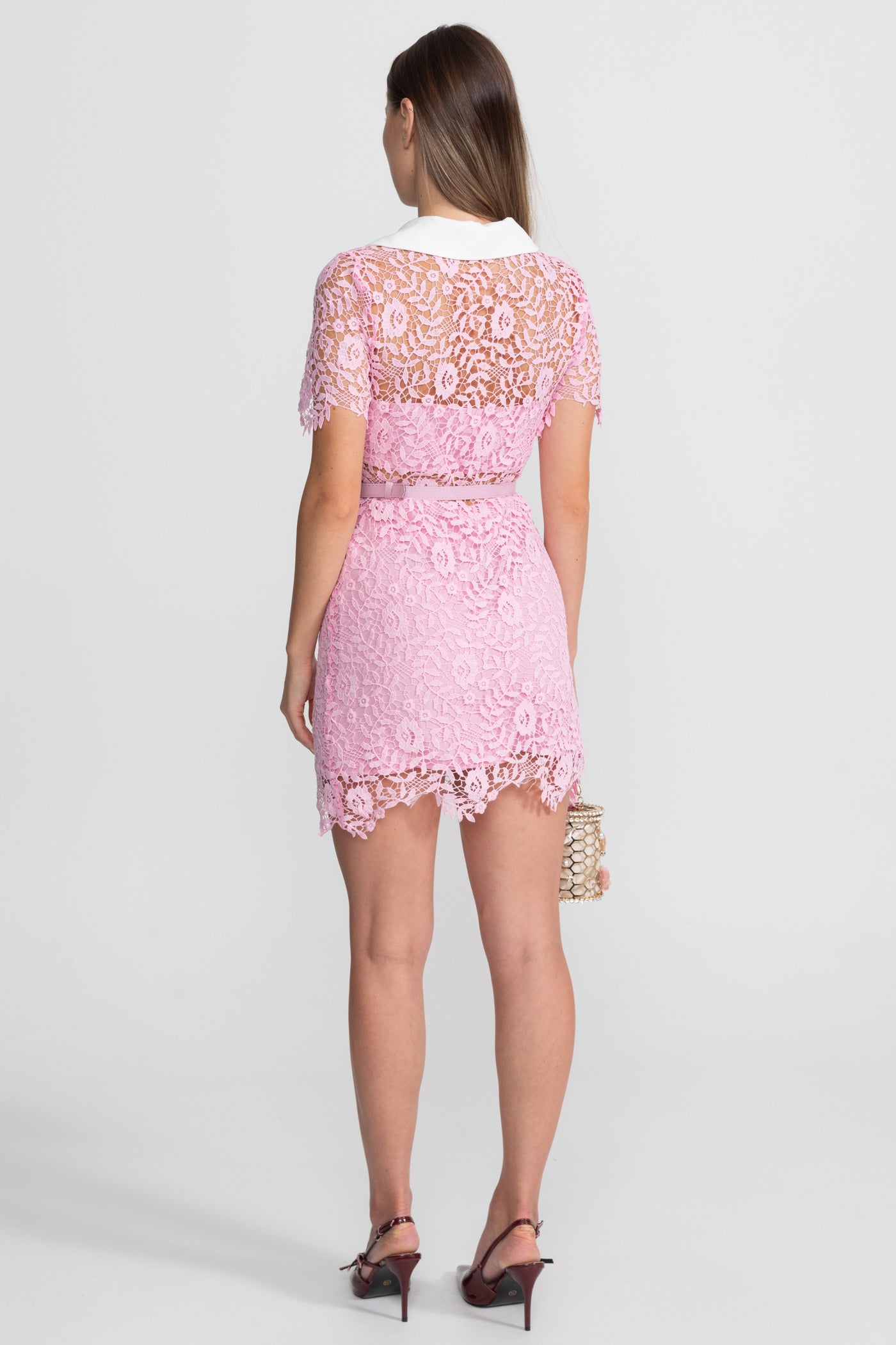 Lace Mini Dress with Contrast Collar and Jewel Buttons - Pink
