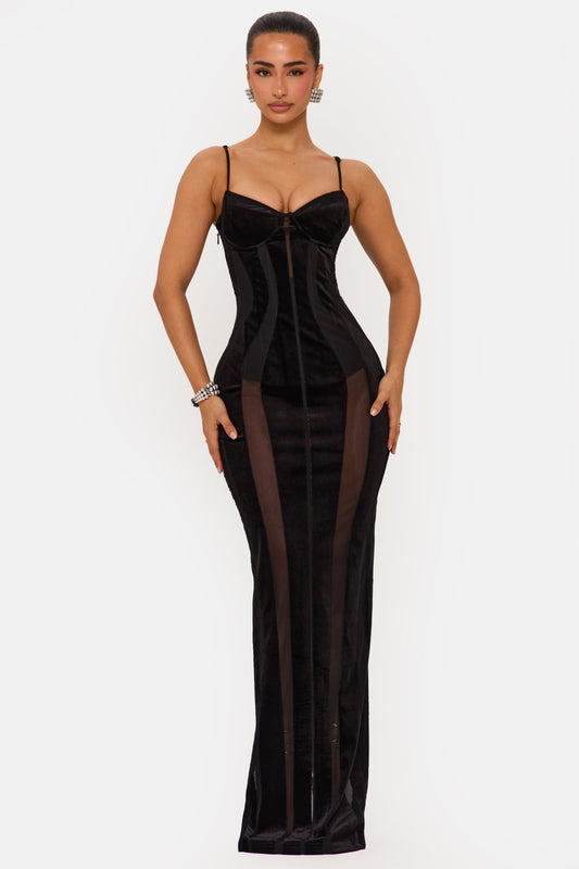 YUNO | Velvet panelled maxi dress