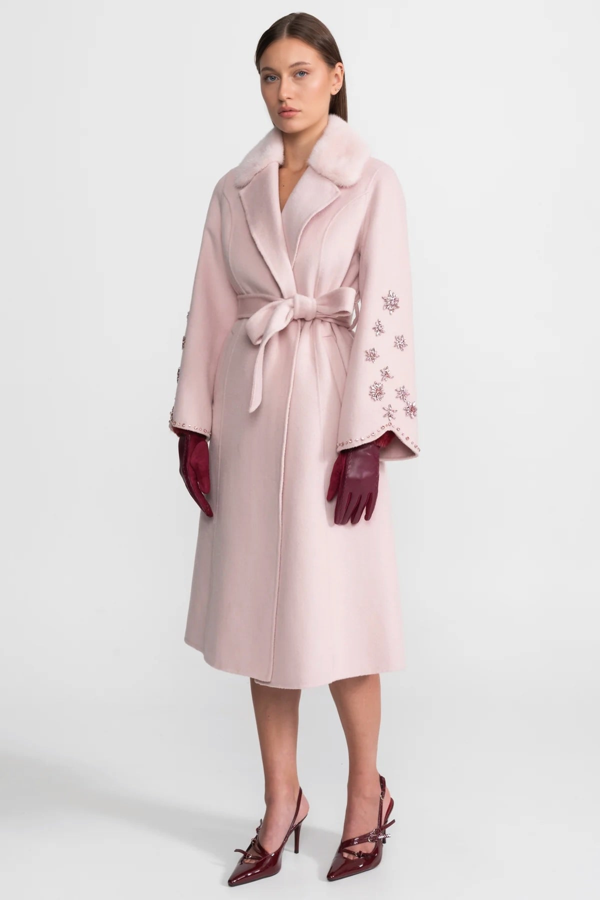 Embellished Wool Overcoat With Fox Fur Collar – Pink