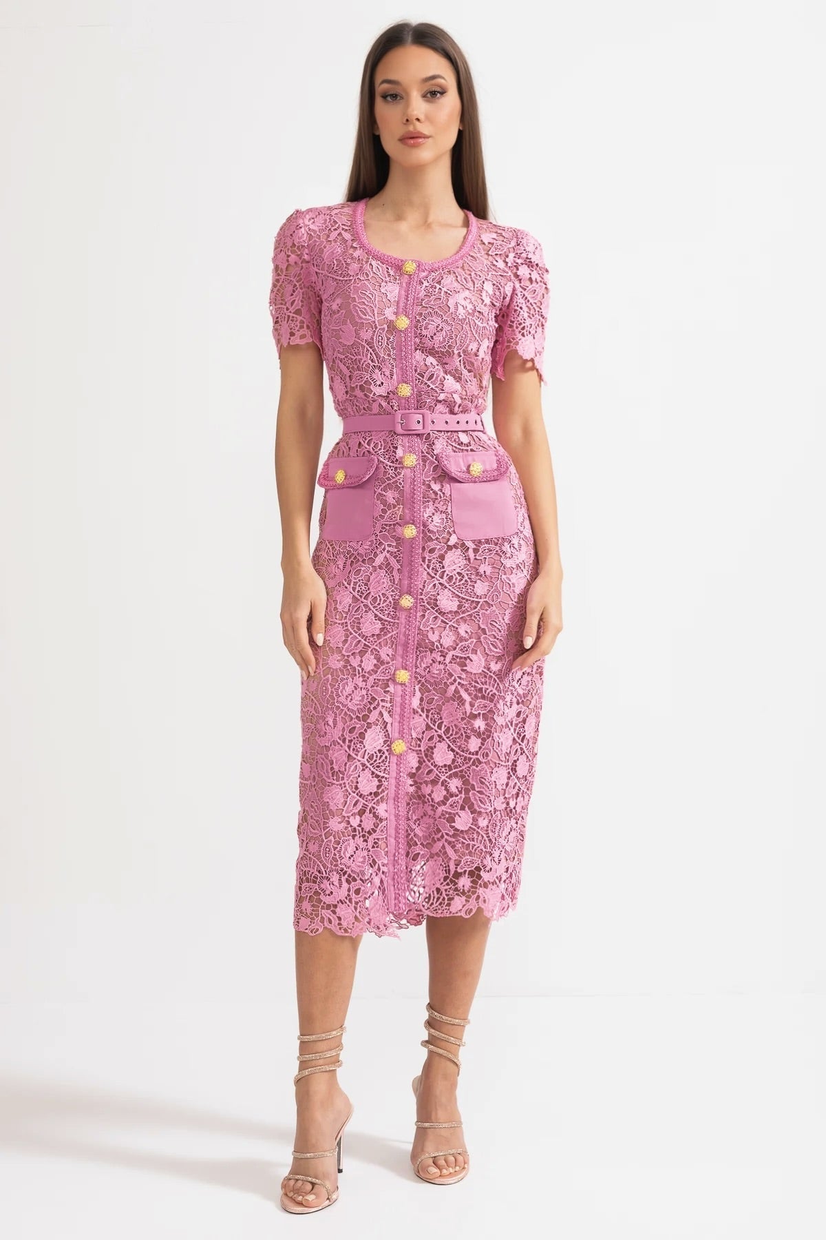 Exquisite Short Sleeve Lace Midi Dress - Rose