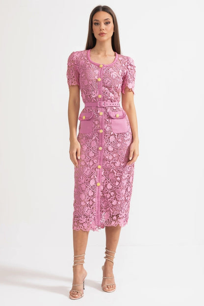 Exquisite Short Sleeve Lace Midi Dress - Rose