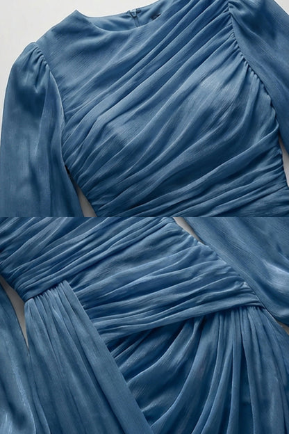 Draped Long-Sleeve Maxi Dress with Gathered Waist – Light Blue