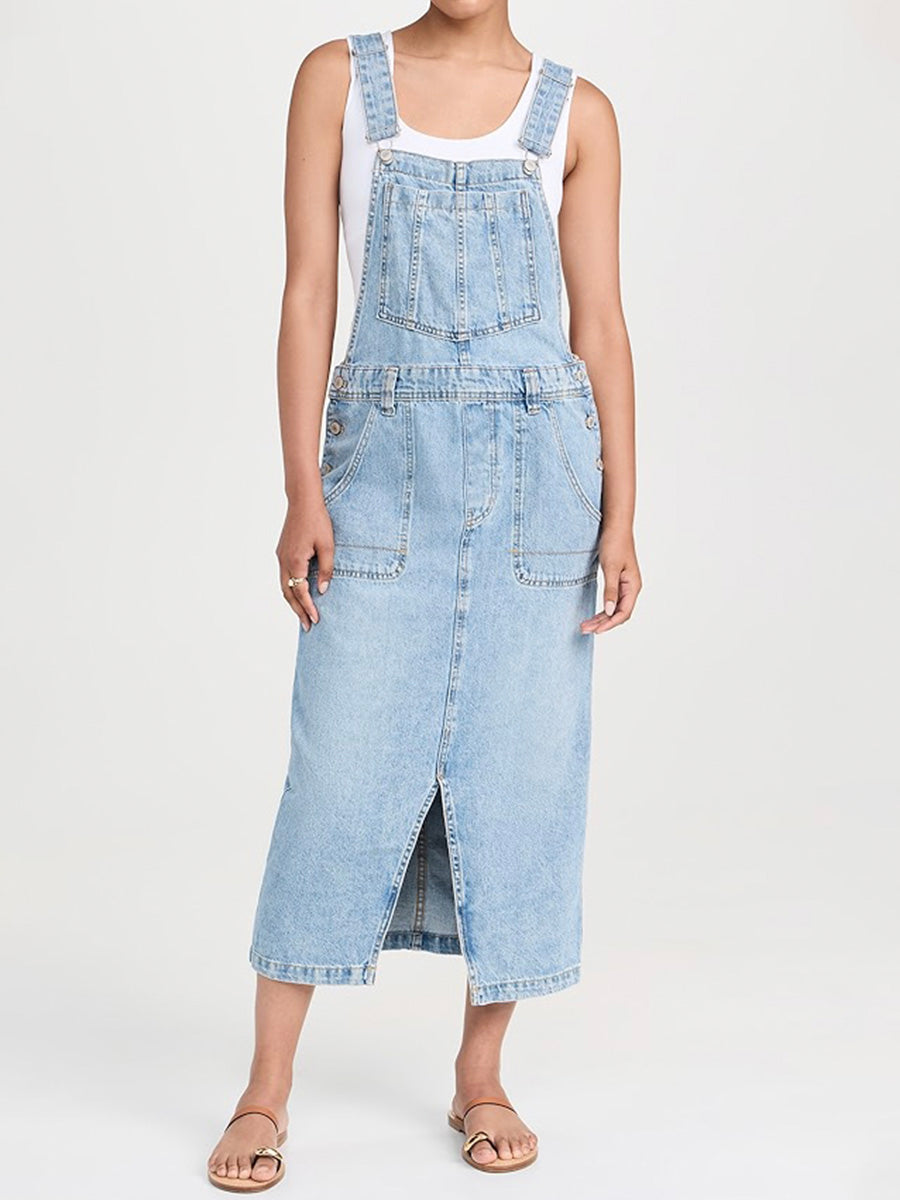Front Slit Denim Overall Dress