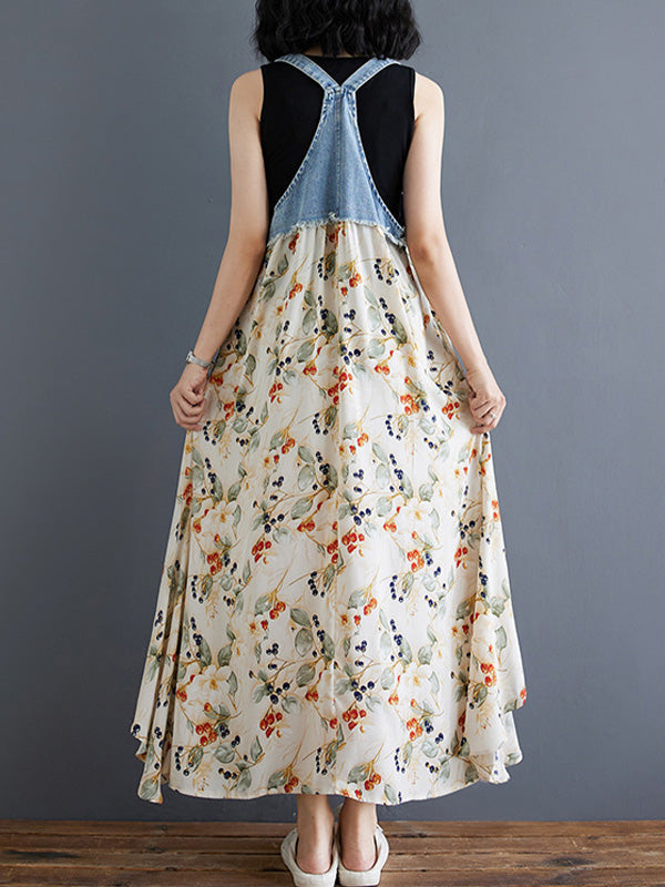 Denim Patchwork Watercolor Maxi Overall Dress