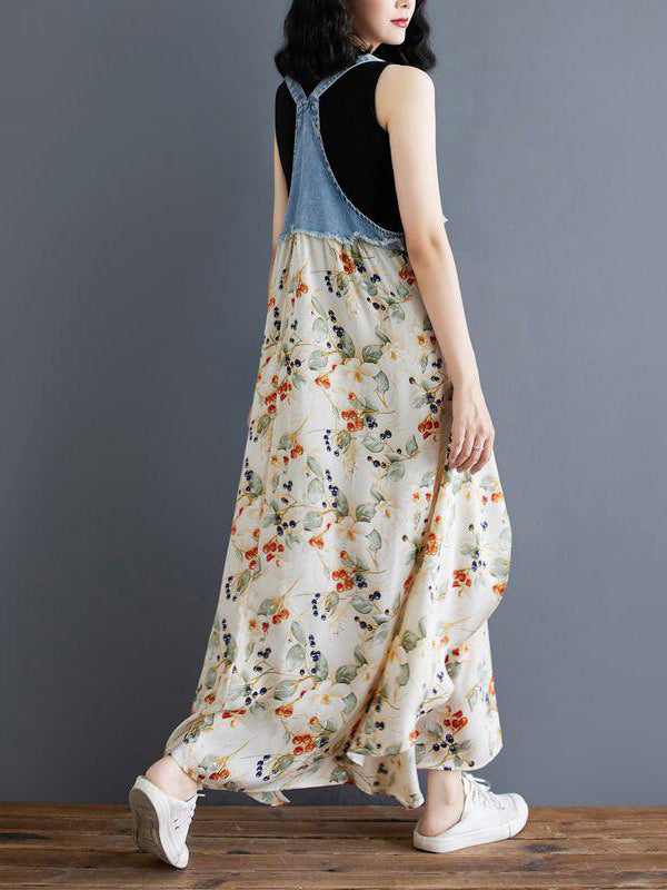 Denim Patchwork Watercolor Maxi Overall Dress