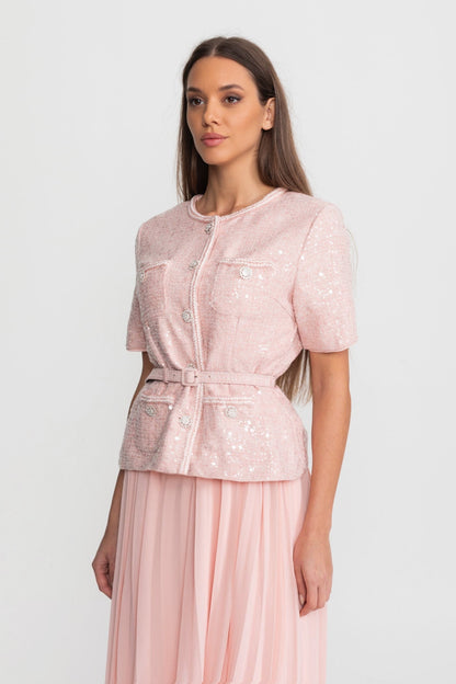 Embellished Tweed Midi Dress with Pleated Chiffon Skirt – Blush Pink
