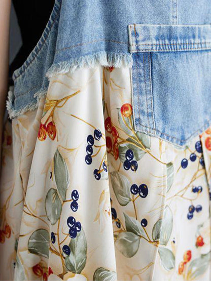 Denim Patchwork Watercolor Maxi Overall Dress