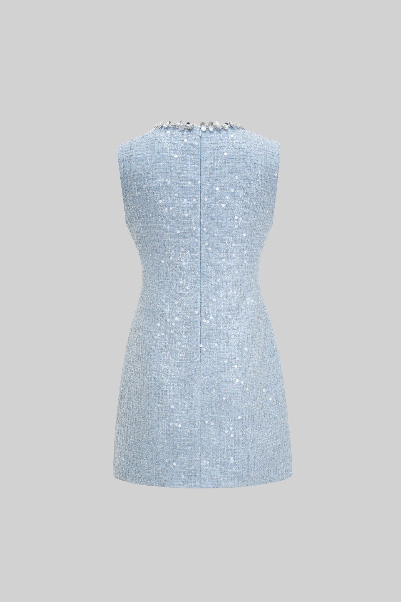 Textured Sleeveless Mini Dress With Sparkling Collar Details  - Blue