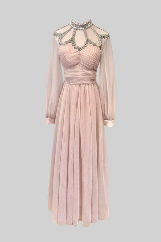 Elegant Dress With Long Sleeves, High Neckline And Ruched Bodice - Peach