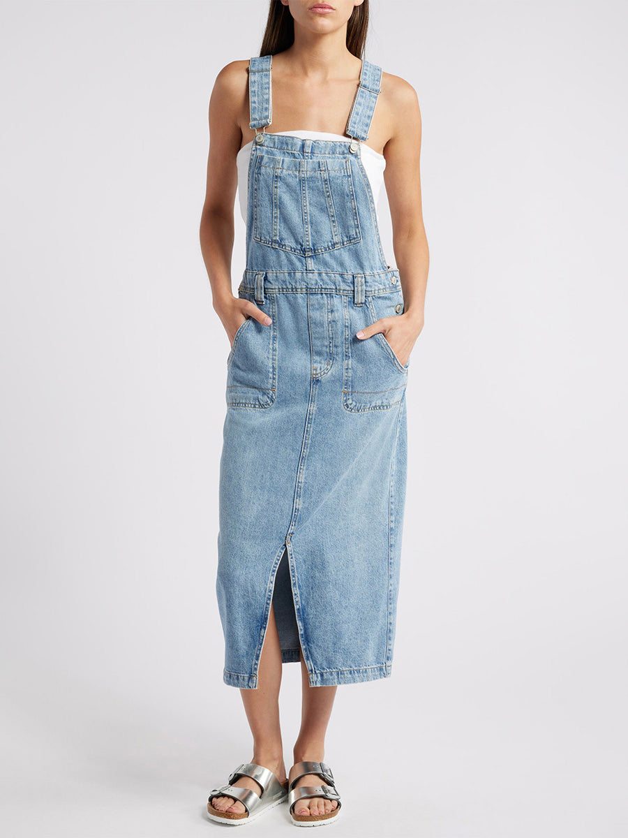 Front Slit Denim Overall Dress
