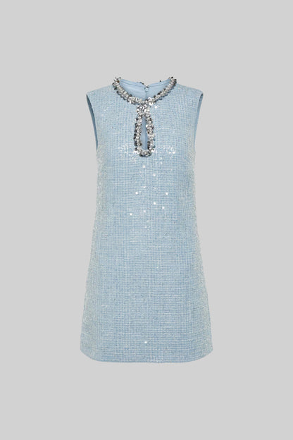 Textured Sleeveless Mini Dress With Sparkling Collar Details  - Blue