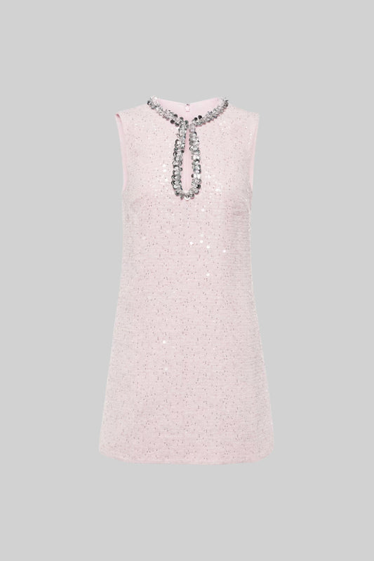 Textured Sleeveless Mini Dress With Sparkling Collar Details  - Pink