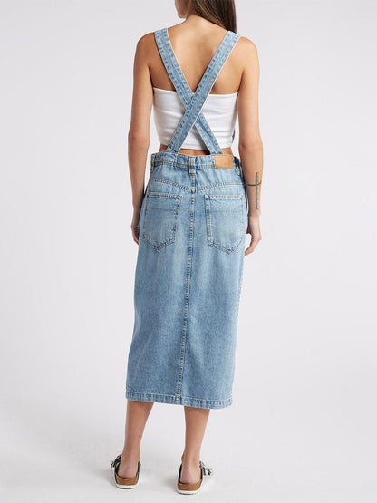 Front Slit Denim Overall Dress