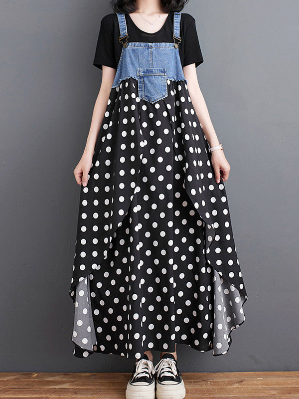 Denim Patchwork Watercolor Maxi Overall Dress