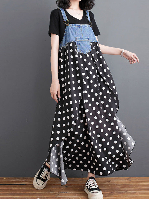 Denim Patchwork Watercolor Maxi Overall Dress