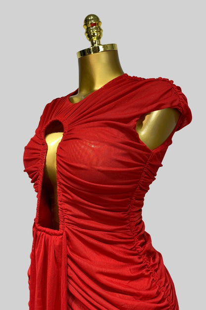 Draped Cut-Out Gown With Gathered Detailing  – Red