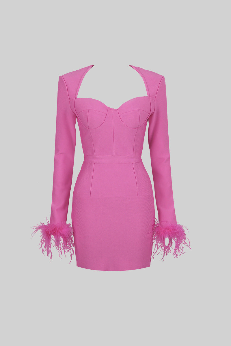Long Sleeve Feathers Mini Dress - Fuchsia