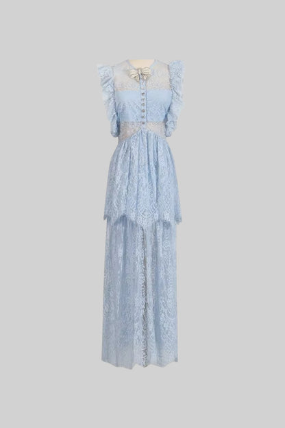 Elegant Vintage-Inspired Lace Dress With Ruffled Details And Layered Skirt - Blue