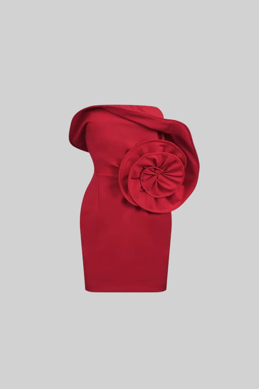 Asymmetrical Off-Shoulder Mini Dress With Oversized Rose Embellishment - Red