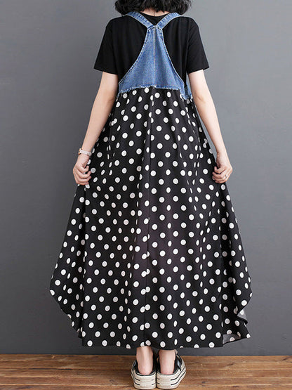 Denim Patchwork Watercolor Maxi Overall Dress