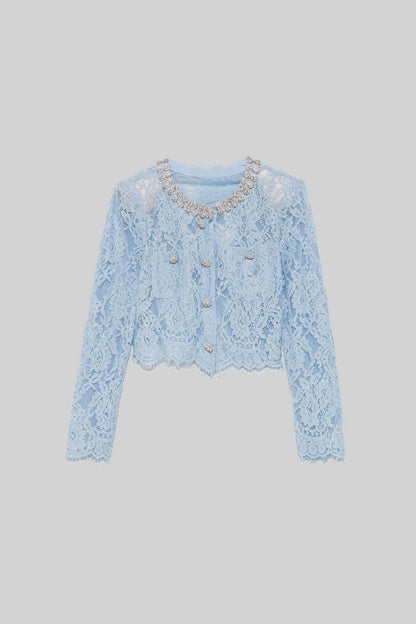 Lace Co-Ord With Sparkling Neckline Embellishments And Midi Skirt - Blue