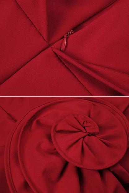 Asymmetrical Off-Shoulder Mini Dress With Oversized Rose Embellishment - Red