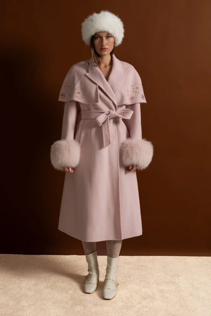 Embellished Wool Coat with Fox Fur Cuffs And Cape Overlay - Pink