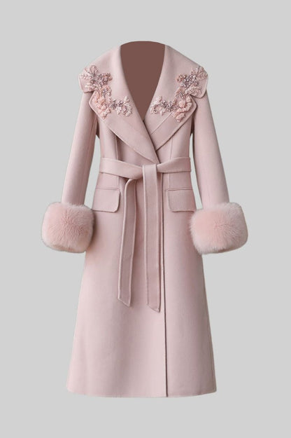 Cashmere Overcoat With Fox Fur Cuffs And 3D Floral Detailing - Pink