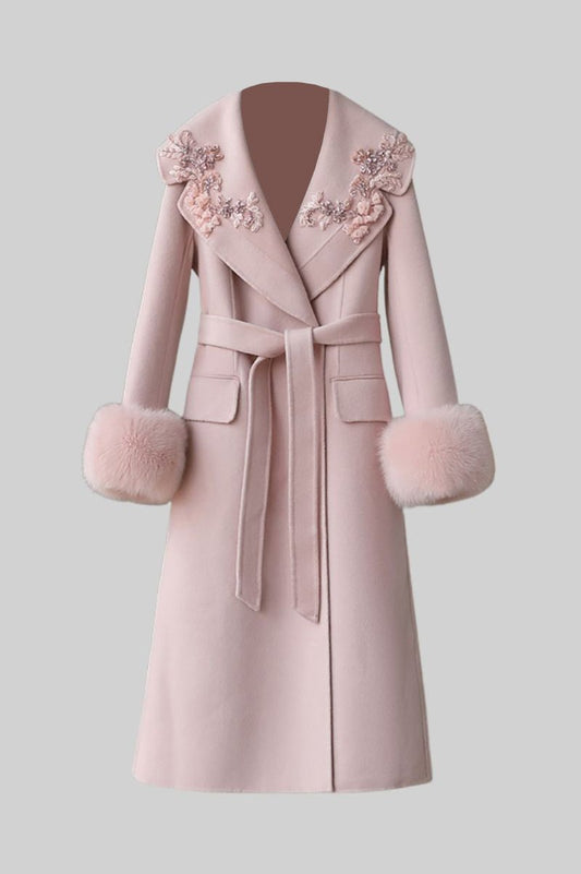 Cashmere Overcoat With Fox Fur Cuffs And 3D Floral Detailing - Pink