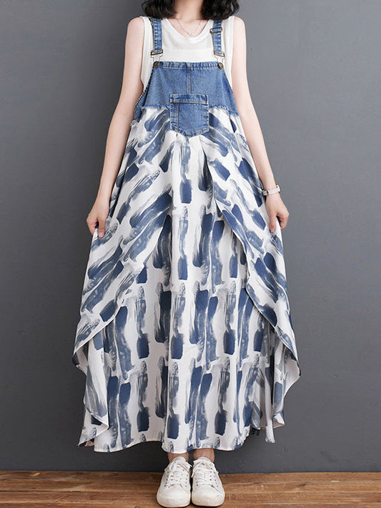 Denim Patchwork Watercolor Maxi Overall Dress