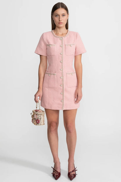 Short Sleeve Tweed Mini Dress With Pearl Buttons – Blush Pink