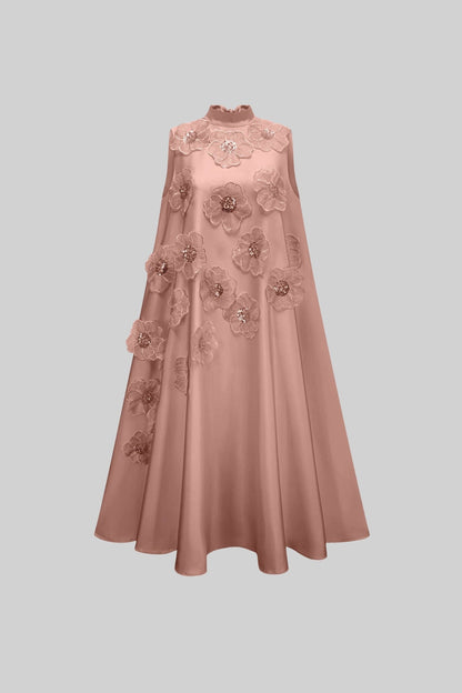 Sleeveless Floral A-Line Dress With High Collar And Textured Embellishments - Pink