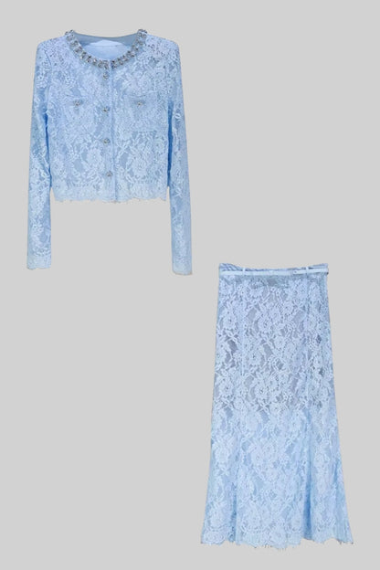 Lace Co-Ord With Sparkling Neckline Embellishments And Midi Skirt - Blue