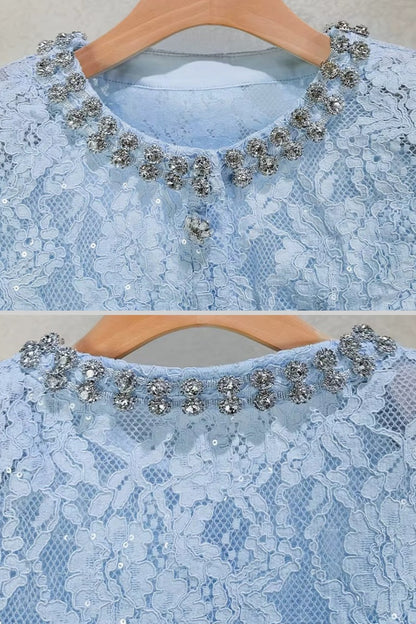 Lace Co-Ord With Sparkling Neckline Embellishments And Midi Skirt - Blue