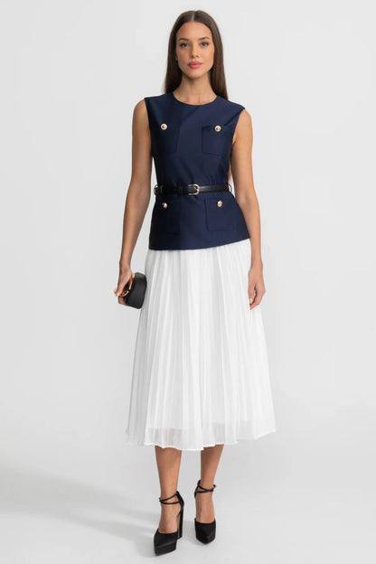 Sleeveless Midi Dress with Belted Waist and Contrast Skirt - Navy