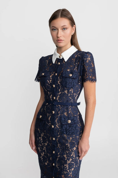 Floral Lace Midi Dress with Tailored Collar and Belted Waist - Navy