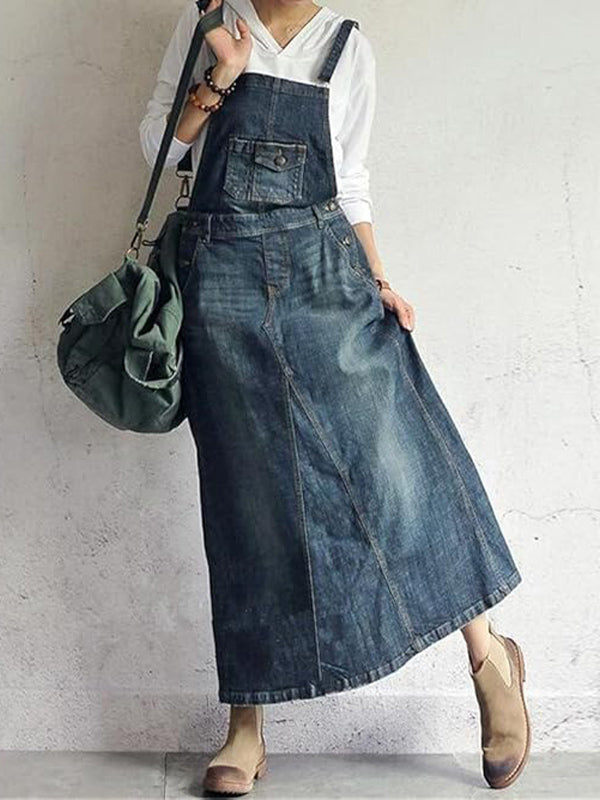 Casual Vintage-Inspired Back Slit Denim Overall Dress