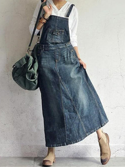 Casual Vintage-Inspired Back Slit Denim Overall Dress