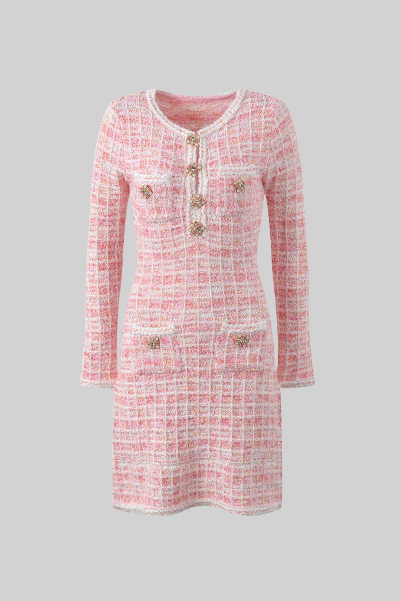 Tweed Mini Dress with Jewel Buttons - Pink